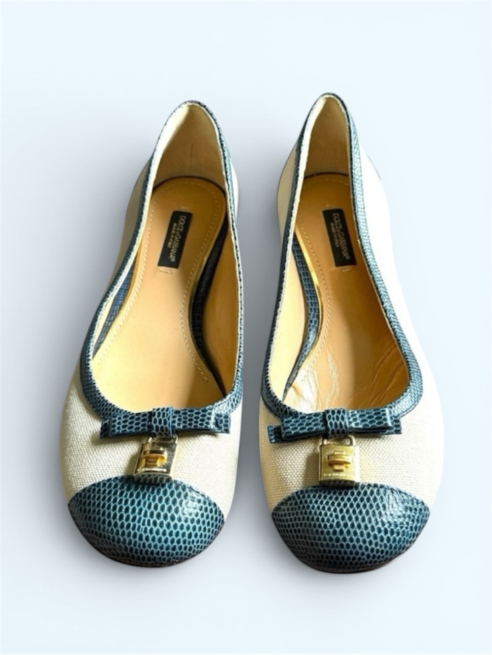 DOLCE & GABANNA Canvas and Embossed Leather Lizard Ballet Flats • Size 37.5 EU